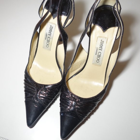 Jimmy Choo Black Stiletto Heels With Pointy Toe & Leather Ankle Strap, Sz 38 - Picture 2 of 12